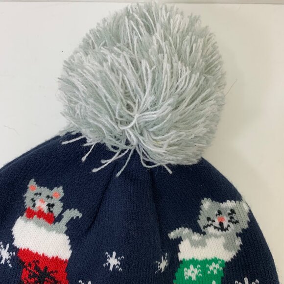 Dec 25th Knit Cuffed Pom Christmas Cats in Stockings Beanie Hat - Picture 3 of 6